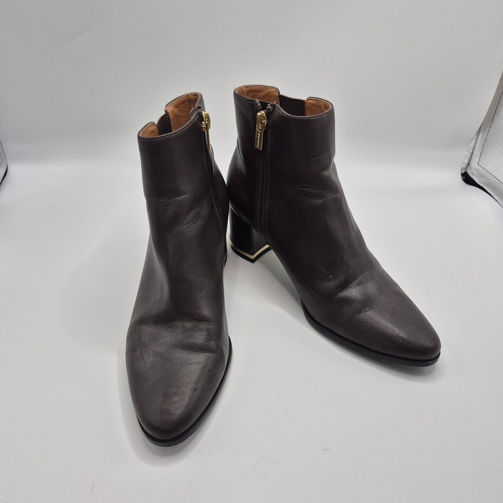 Calvin Klein Fioranna Dark Brown Block Heel Ankle Boots Gold Trim Womens 6.5M